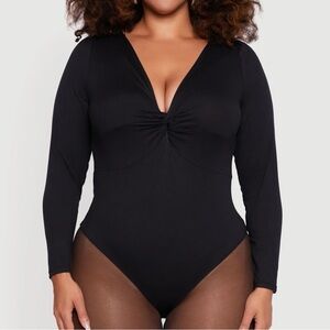 🔥5/$25🔥NWT Eye Candy Black Twist Front Plunge Neck Long Sleeve Bodysuit Size 1XL